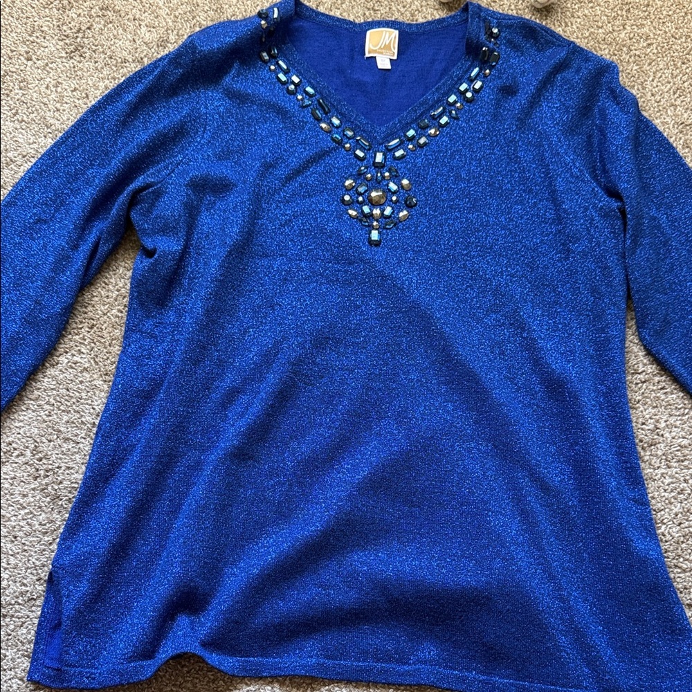 JM Collection Royal Blue Embellished V-Neck Blouse
